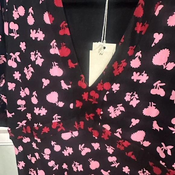 Boden 14 Large XL Tea Dress Black Dress with Pink Floral Accents Empire Waist - Picture 3 of 8